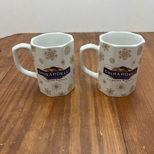 Ghirardelli Chocolate Mugs Set of 2 White Gold Snowflake Holiday Coffee Cups
